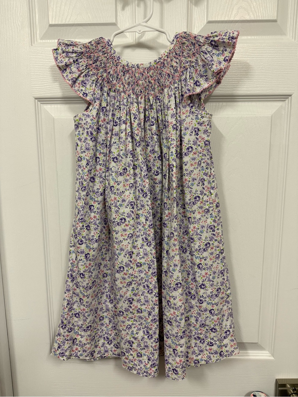 Smocked White Floral Sundress for Girls with Purple Accents